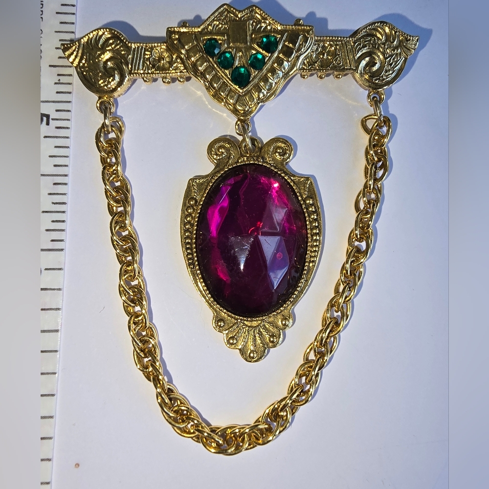 Gold and Purple Brooch with Chain